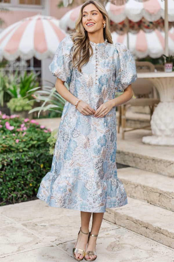 See The Light Light Blue Brocade Midi Dress Shop the Mint See The Light Light Blue Brocade Midi Dress Shop the Mint