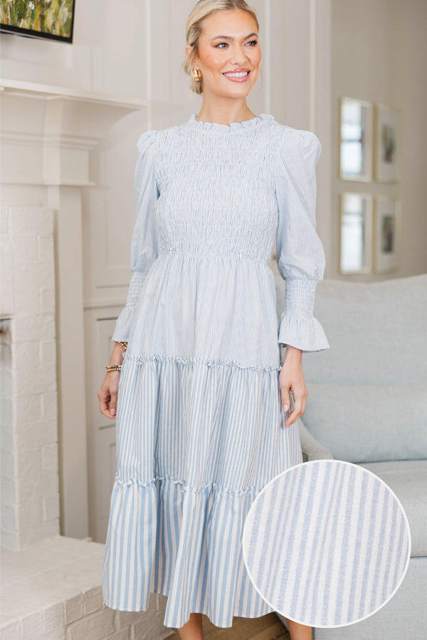 NURSING COLLECTION: Back To You Light Blue Striped Midi Dress