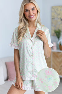 Hello Happy Mint Disty Floral Scalloped Pajama Set