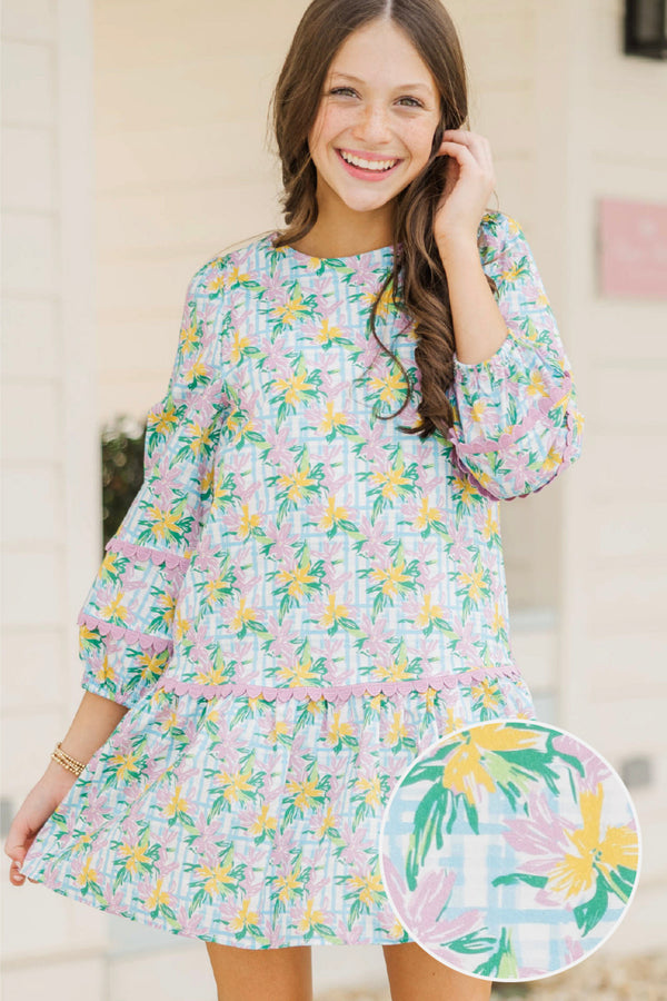 Girls: The Kristy Light Blue Floral Drop Waist Dress