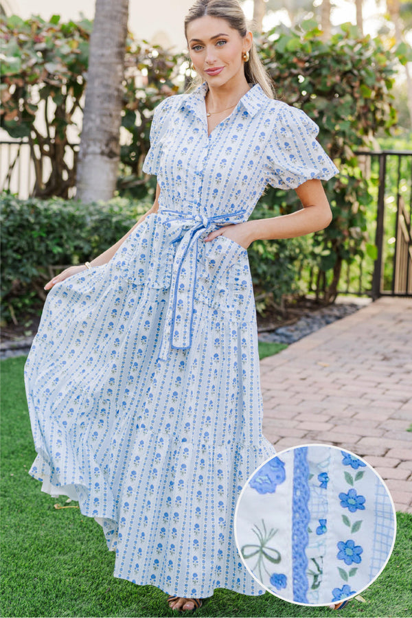 Can't Wait Blue Ditsy Floral Midi Dress