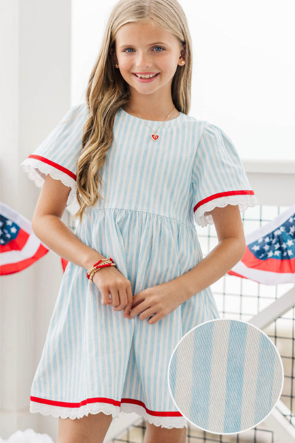 Girls: Time Goes By Blue Striped Scalloped Dress