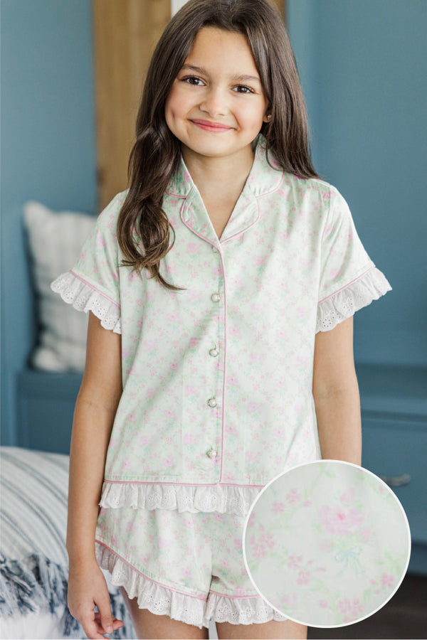 Girls: Hello Happy Mint Disty Floral Scalloped Pajama Set
