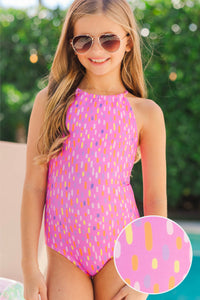 Girls: Seaside Stunner Fuchsia Abstract Halter Neck One Piece Swimsuit