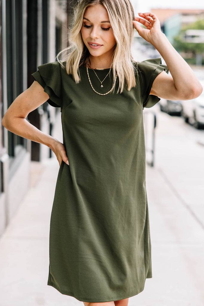 Solid Ruffle Sleeve Dress, Olive – Shop the Mint