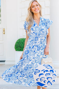 Look You Up Blue Floral Ruffled Midi Dress