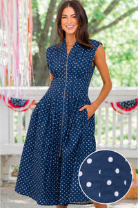 What A Classic Navy Polka Dot Midi Dress