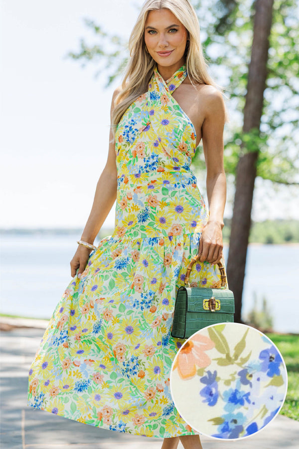 Exactly What You Needed Yellow Floral Halter Midi Dress