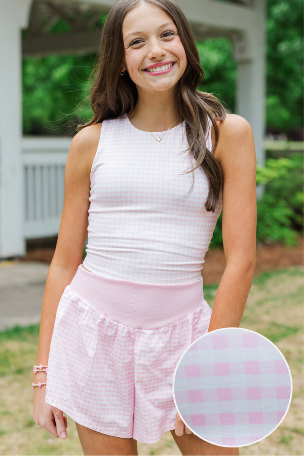 Girls: Just Keep Going Blush Pink Gingham Long Crop Tank
