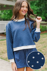 Girls: Born To Move Navy Polka Dot Cropped Mockneck Pullover
