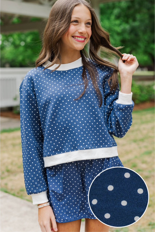Girls: Born To Move Navy Polka Dot Cropped Mockneck Pullover