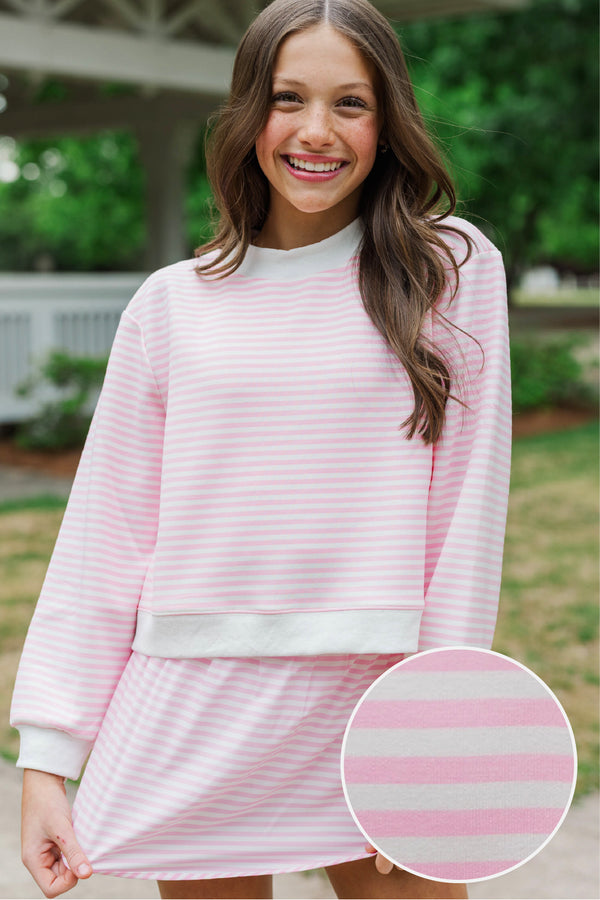 Girls: Born To Move Pink Striped Cropped Mockneck Pullover