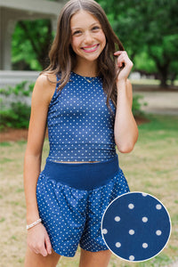 Girls: Just Keep Going Navy Polka Dot Long Crop Tank