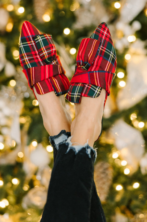Under The Tree Red Plaid Flat Mules