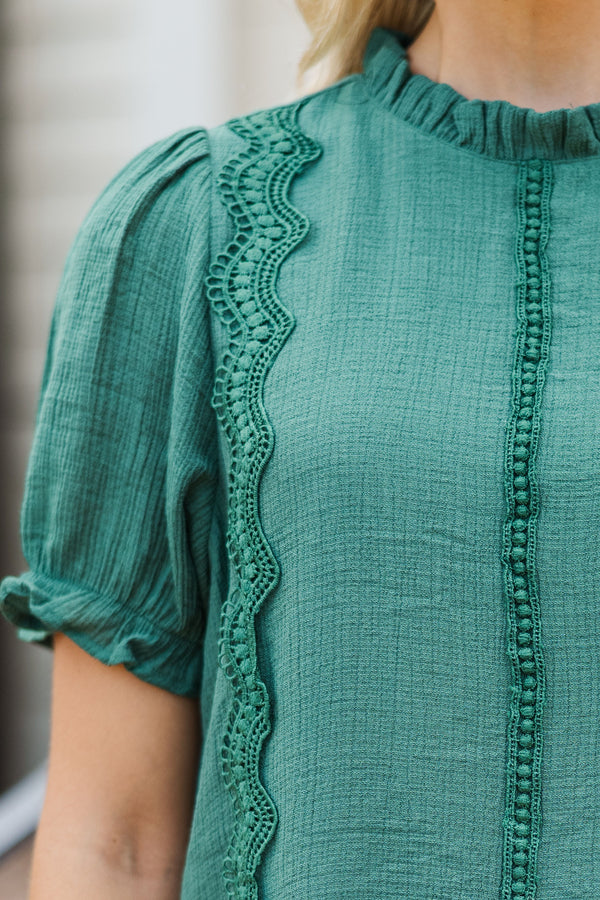 Wish You Were Here Forest Green Crochet Blouse