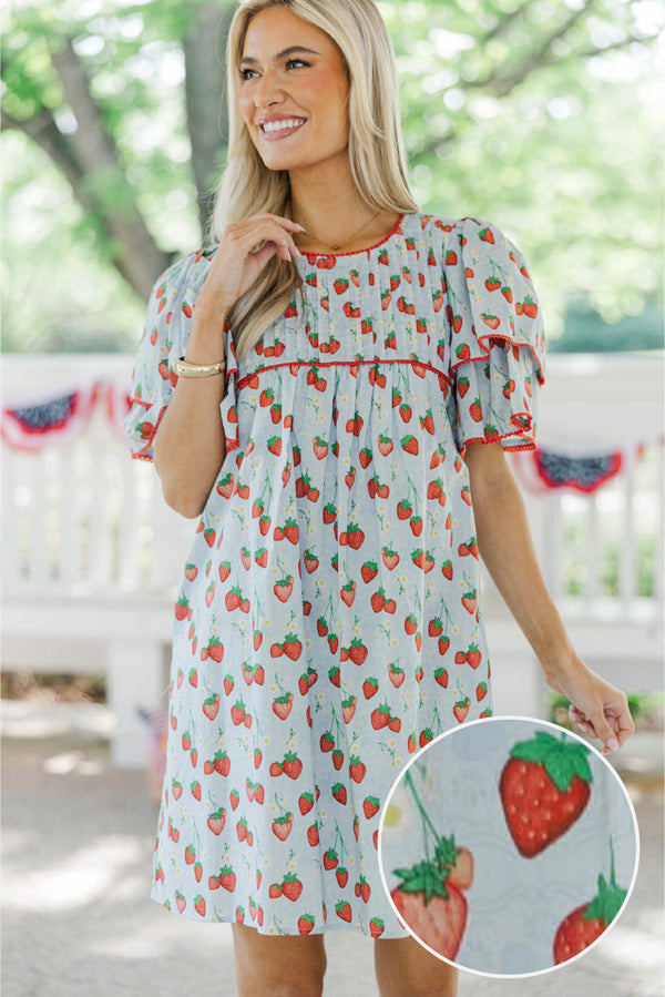 Seasonal Nostalgia Light Blue Strawberry Printed Babydoll Dress