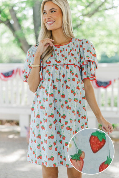 Seasonal Nostalgia Light Blue Strawberry Printed Babydoll Dress – Shop the Mint