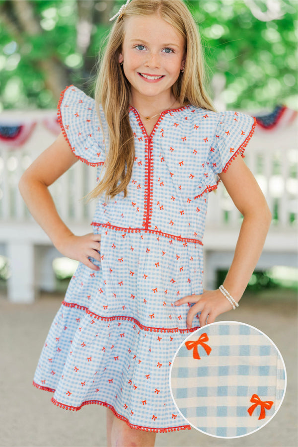 Girls: At This Time Blue Gingham & Bows Dress