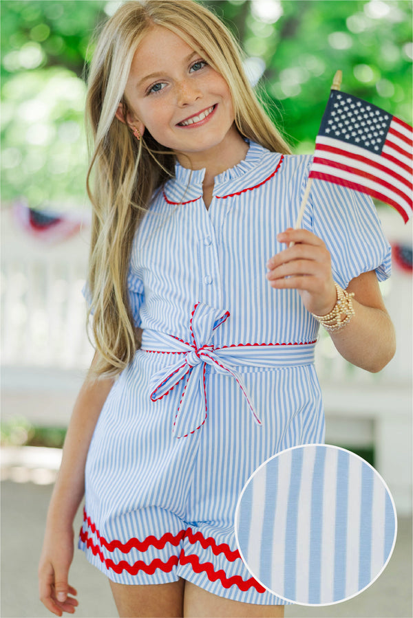 Girls: Tell Me Everything Blue Striped Romper