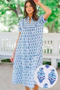 Lucky To Be Here Blue Medallion Midi Dress