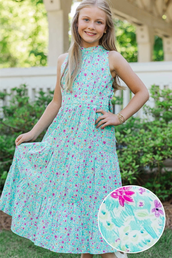 Girls: Fresh Focus Teal Ditsy Floral Midi Dress