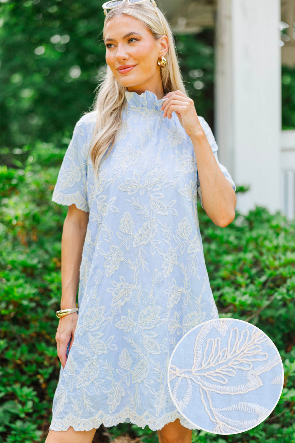 The Grand Light Blue Embroidered Swing Dress – Shop the Mint