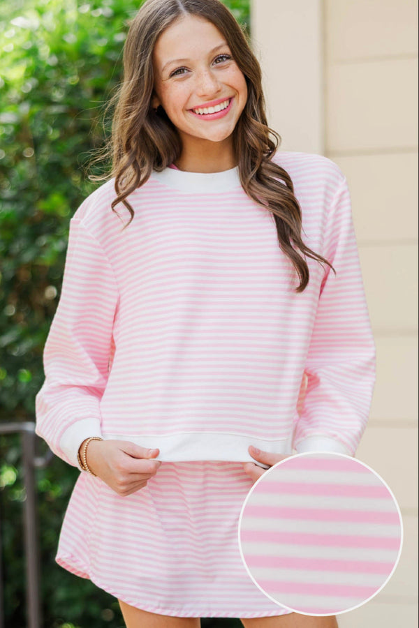Girls: Born To Move Pink Striped Cropped Mockneck Pullover