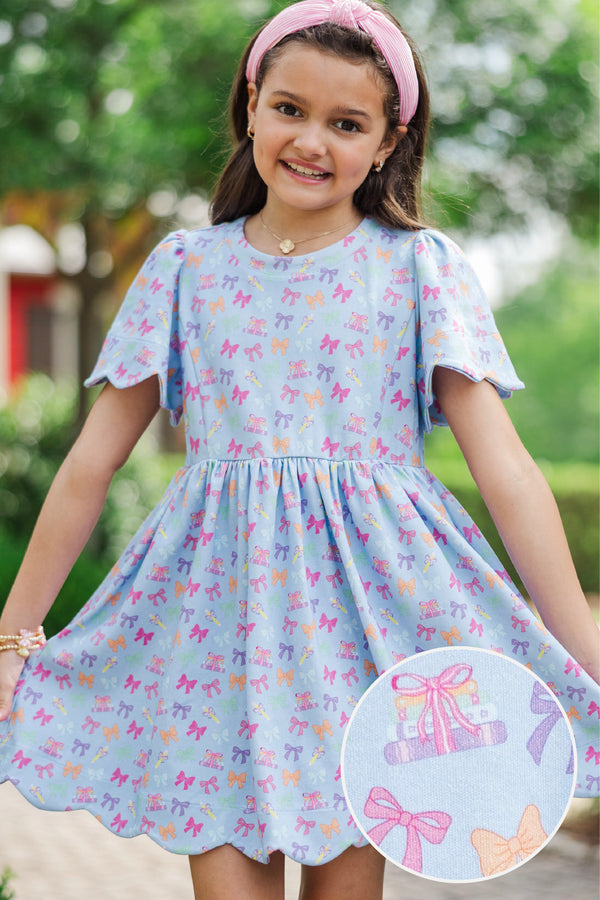 Girls: Time Goes By Light Blue Bows And Books Pima Cotton Scalloped Dress