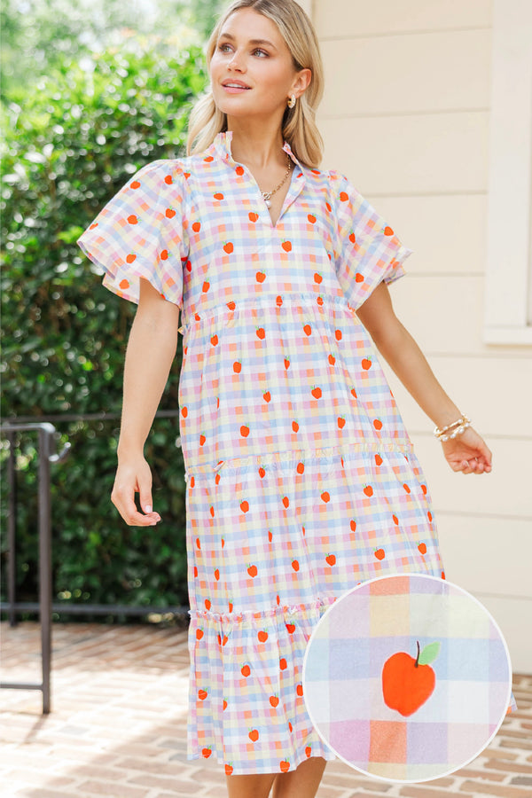 Feeling Your Best Blue Gingham Apple Print Midi Dress
