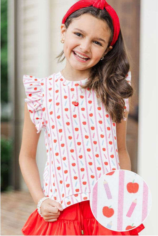 Girls: Through The Days White Pencil & Apple Pima Cotton Top