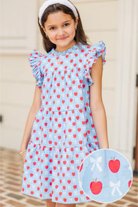 Girls: Sweet Nature Light Blue Bows & Apples Babydoll Dress