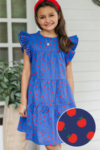 Girls: Sweet Nature Navy Apple Print Babydoll Dress