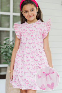 Girls: Sweet Nature Pink Bow Print Babydoll Dress