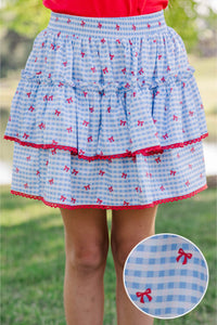Girls: The Brena Light Blue Gingham & Bows Skort