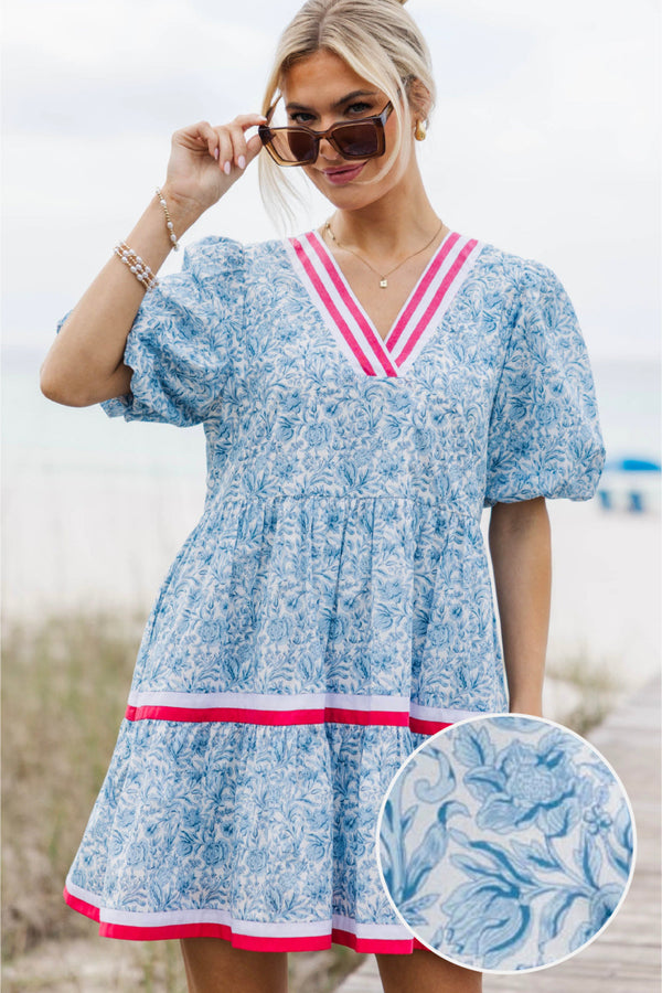For A While Light Blue Toile Dress