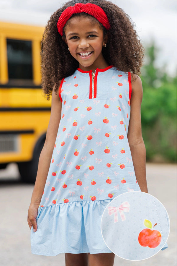 Girls: The Rosalie Light Blue Bows And Apples Print Dress
