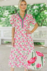 For The Time Being Pink And White Floral Midi Dress