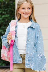Girls: The Nadia Blue Embroidered Bow Denim Jacket