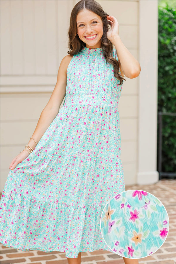 Girls: Fresh Focus Teal Ditsy Floral Midi Dress