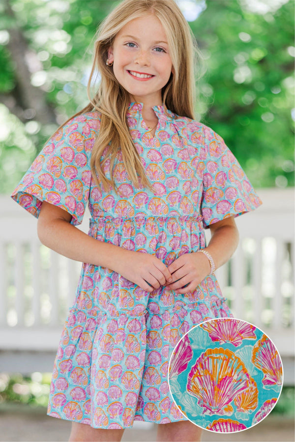 Girls: The Stephanie Blue Seashells Babydoll Dress