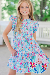 Girls: Make My Day Bright Blue Floral Babydoll Dress