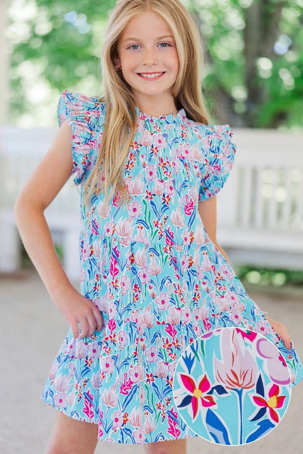 Girls: Make My Day Bright Blue Floral Babydoll Dress