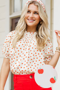 Feeling Fun Cream Apple Print Bubble Sleeve Blouse