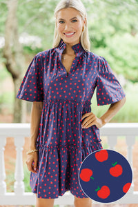 Feeling Your Best Navy Blue Apple Print Dress