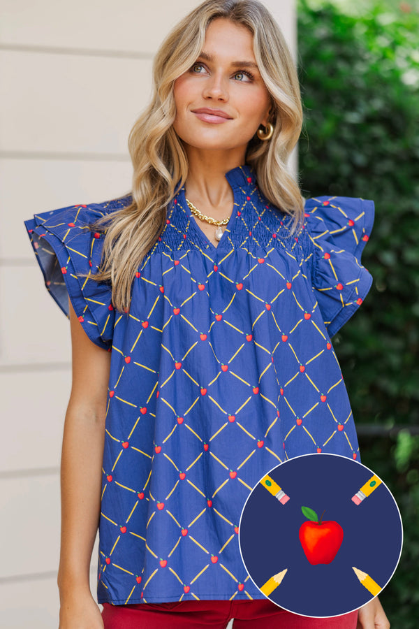 Live Out Loud Navy Blue Apple And Pencil Printed Blouse