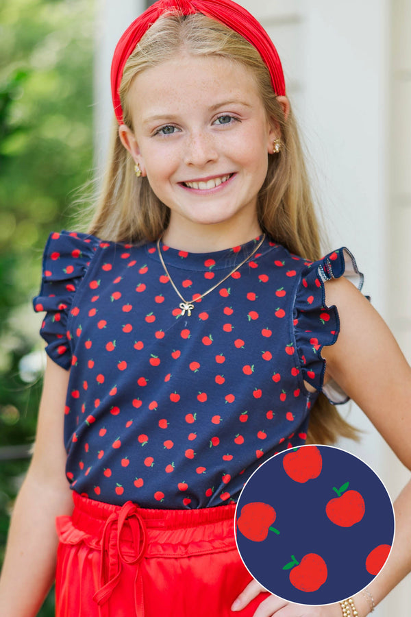 Girls: Through The Days Navy Apple Pima Cotton Top