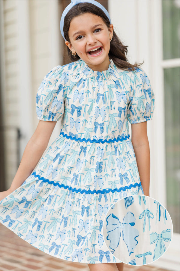 Girls: The Addison Blue Bow Print Dress