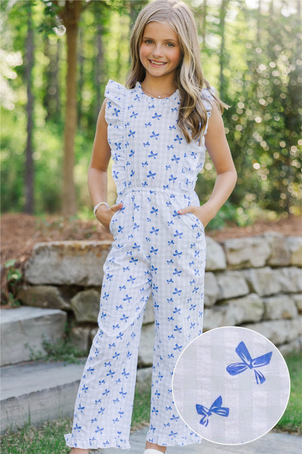 Girls: The Alana Light Blue Bow Print Jumpsuit