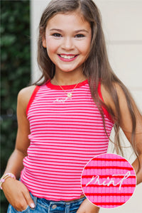 Girls: The Signature Pink Striped Mint Embroidered Tank