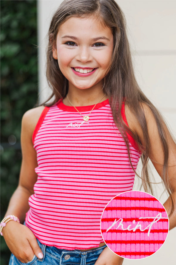 Girls: The Signature Pink Striped Mint Embroidered Tank